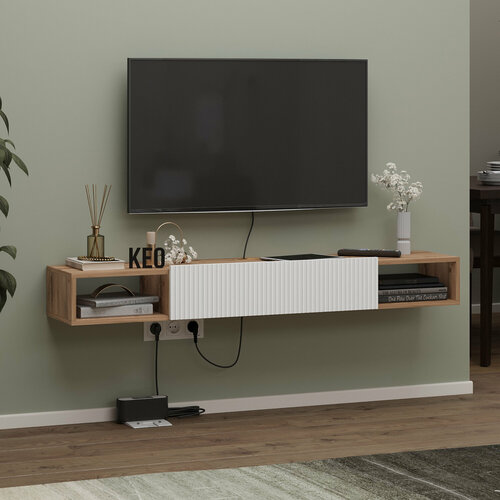 Тумба подвесная Кео ТТВ-003 для телевизора белый и дуб вотан 144х30х18 см 5696₽