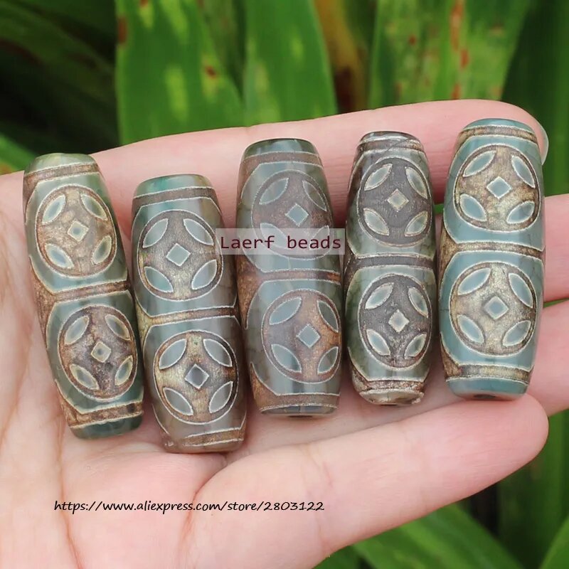 Зеленые серые тибетские бусины Дзи лаerf beads, Coin, 1pcs