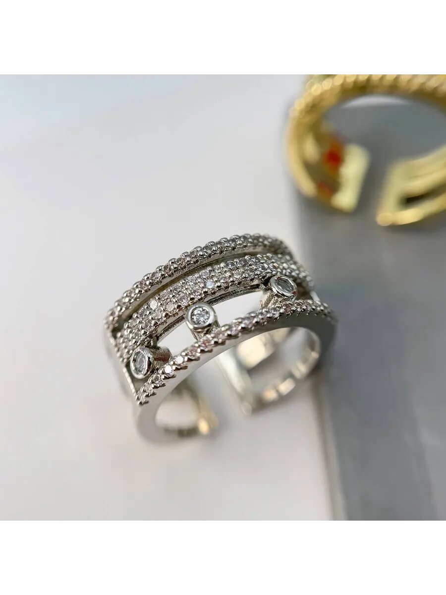 Кольцо, кристалл, циркон, фианит, безразмерное, серый, серебряный