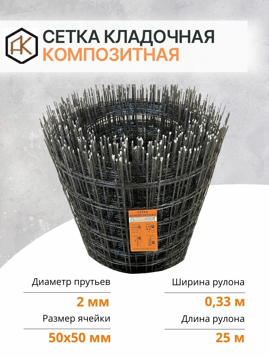 Сетка кладочная ГОСТ 2 мм ячейка 50х50 мм рулон 033х25м (825 м2) стеклопластиковая 