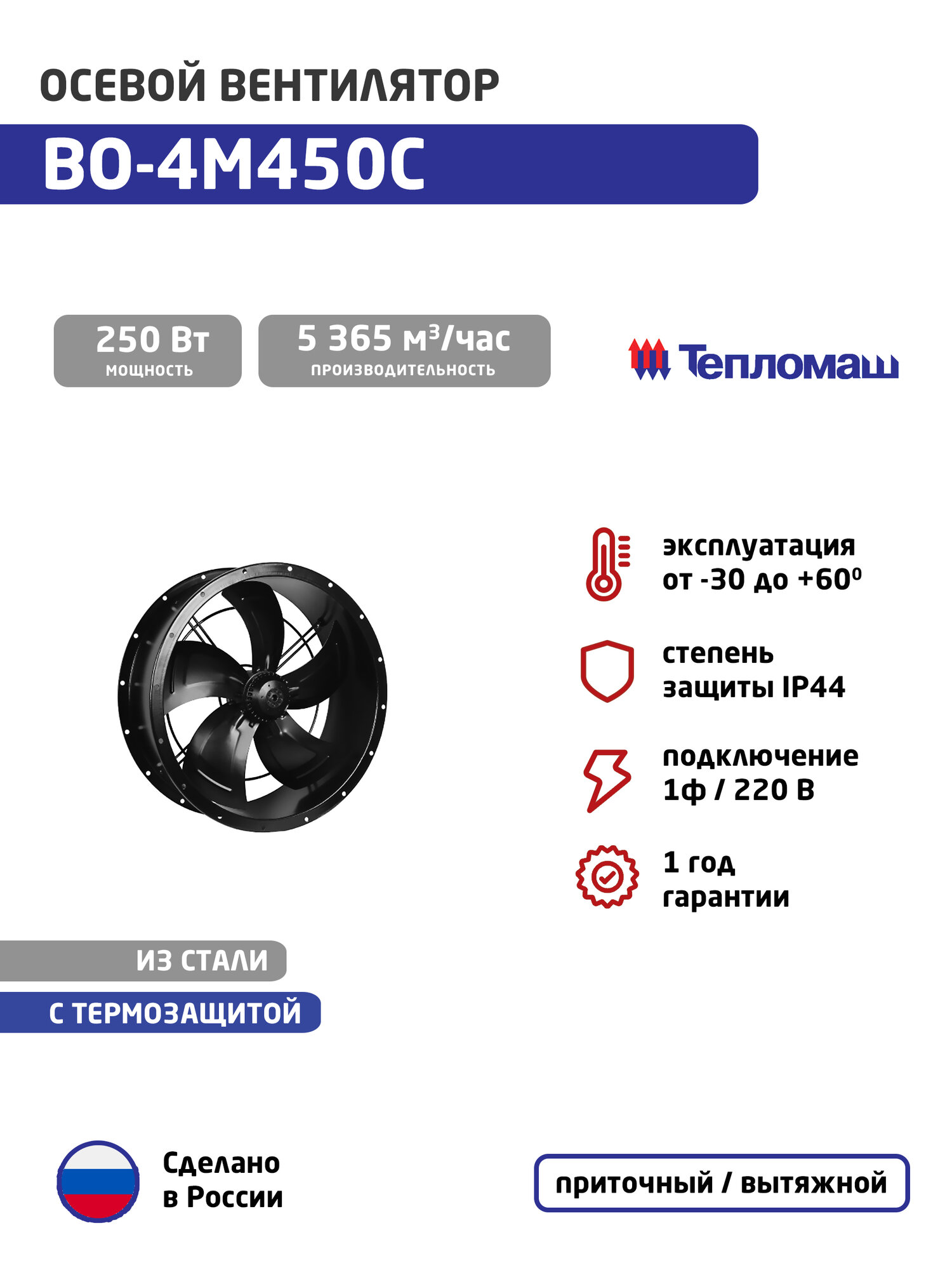 Вентилятор осевой фланцевый ВО-4М450С (1ф/220, 250 Вт, 1350 об/мин)