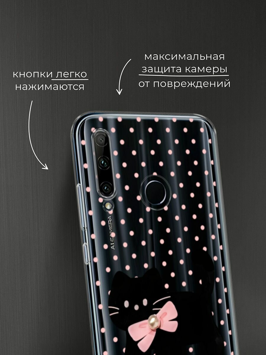 Чехол на Honor 10i/20 Lite 2019/20e/Huawei P Smart Plus 2019 / Хонор 10i с принтом Черный котик с бантом, прозрачный — фото 1