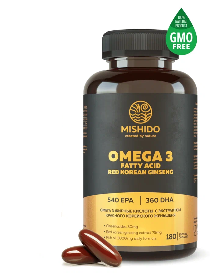 Омега 3 с красным корейским женьшенем MISHIDO рыбий жир 1000 мг (3000мг) Omega 3 витамины для взрослых комплекс для иммунитета сердца и сосудов репродуктивных функций женщин мужчин