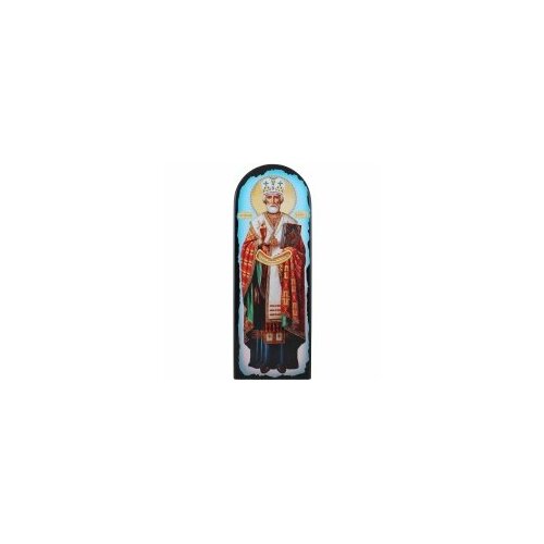 Цветное фото церковное 18х50 объемная печать на МДФ арочная, лак Николай Чудотворец на голубом фоне (ковчег) #167941