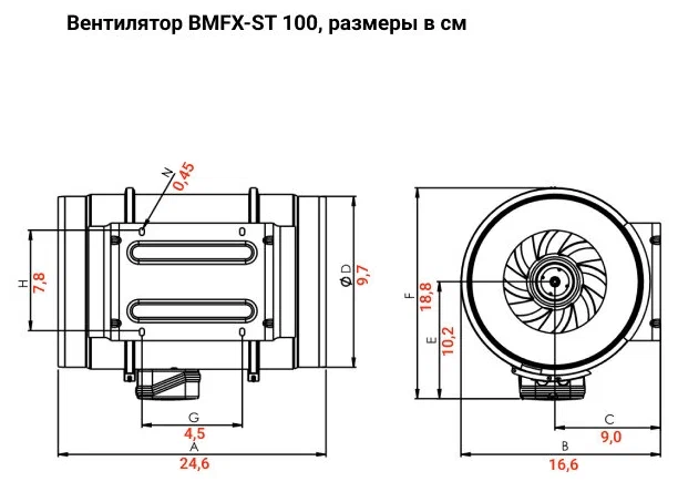 Круглый канальный вентилятор смешанного типа BVN BMFX-ST 100 приточный и вытяжной диаметр воздуховода 100 мм 177 м3/час 35 Вт пластиковый корпус