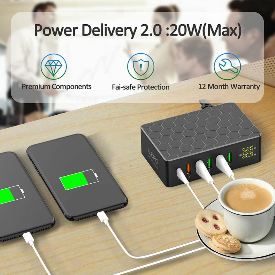Сетевое зарядное устройство iLepo на 6 портов (Type-C PD 2.0 / QC 3.0) зарядная станция 65В — фото 5