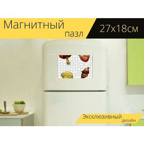 Магнитный пазл Грибы, бабочка, лес на холодильник 27 x 18 см.