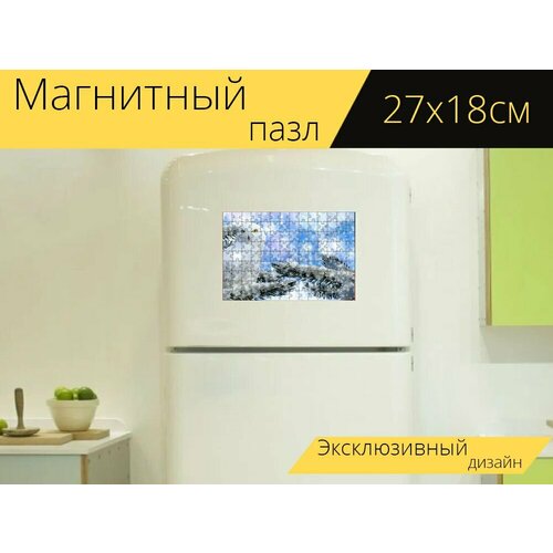 Магнитный пазл Снежная сова, ель, снег на холодильник 27 x 18 см.