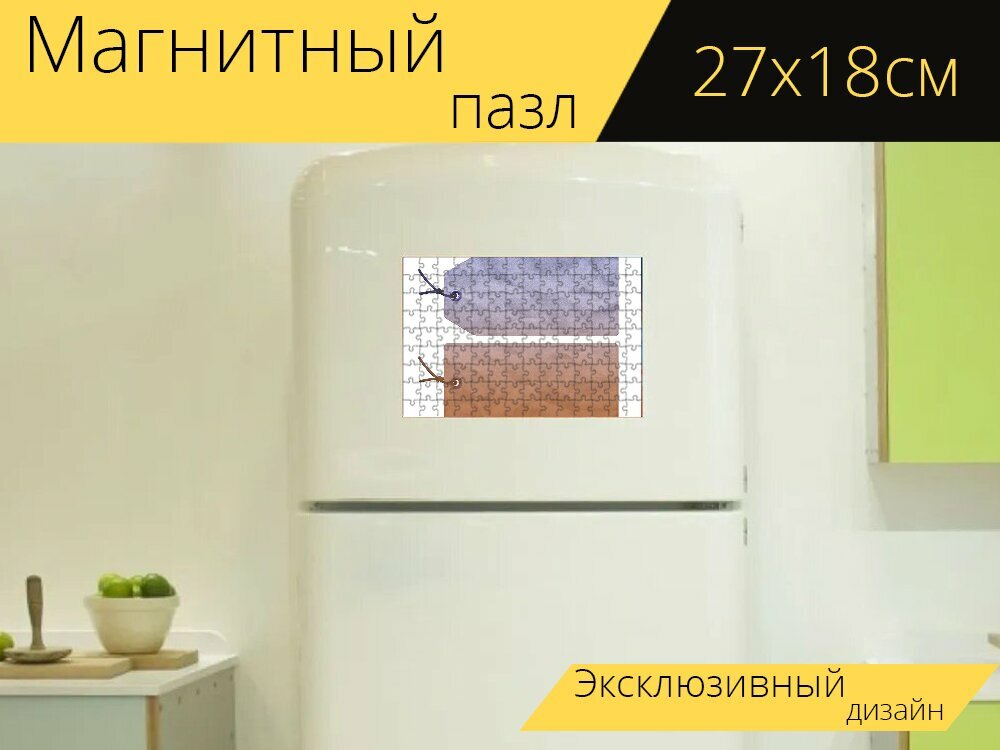 Магнитный пазл "Мятый теги, этикетки, французский почерк" на холодильник 27 x 18 см.