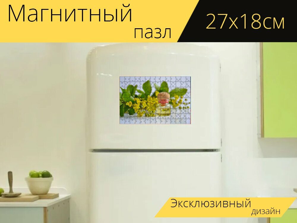 Магнитный пазл "Косметическое масло, эфирное масло, косметология" на холодильник 27 x 18 см.