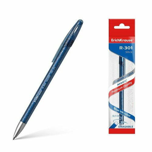 Ручка гелевая стираемая Erich Krause R-301 Magic Gel, узел 0.5 мм, чернила синие, длина письма 200 м, европодвес, цена за 1 шт (комплект из 16 шт)