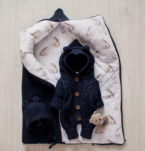 Изображение товара Зимний вязаный детский комплект на выписку, 3 предмета, 30% шерсть, MAMINY ZAPISKY, 62 размер (0-3мес), цвет, синий