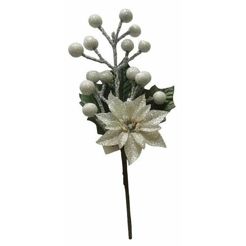 Ветка искусственная Пуансеттия с ягодами белый, 24 см