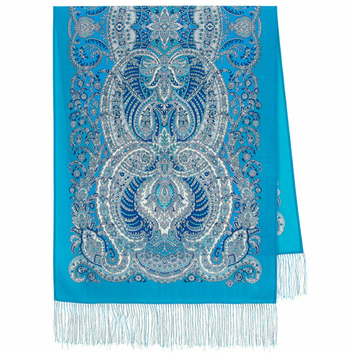 фото Шарф павловопосадская платочная мануфактура, шерсть, с бахромой, 150х60 см, one size, голубой, синий