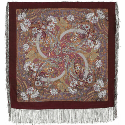 фото Платок павловопосадская платочная мануфактура, шерсть, с бахромой, 89х89 см, коричневый, бордовый