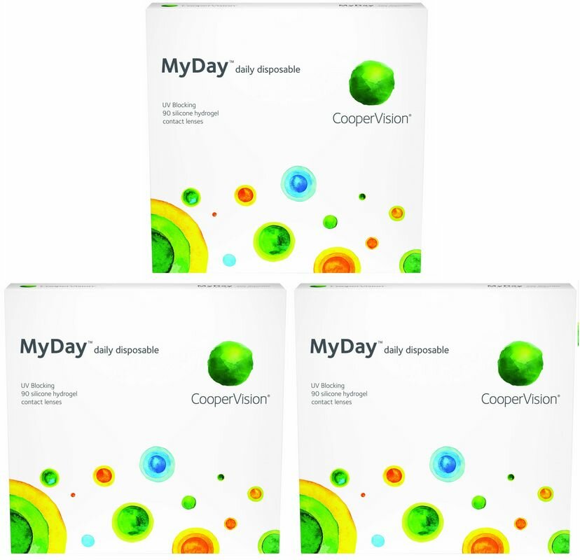 MyDay +4.25 / 14.2 / 8.4, 270 штук (3 пачки по 90 линз) контактные гидрогелевые асферические ежемесячной замены. Cooper Vision My Day Daily Disposable (Купер Вижн Май Дэй Дэйли Диспозабл). Срок замены - 1 день