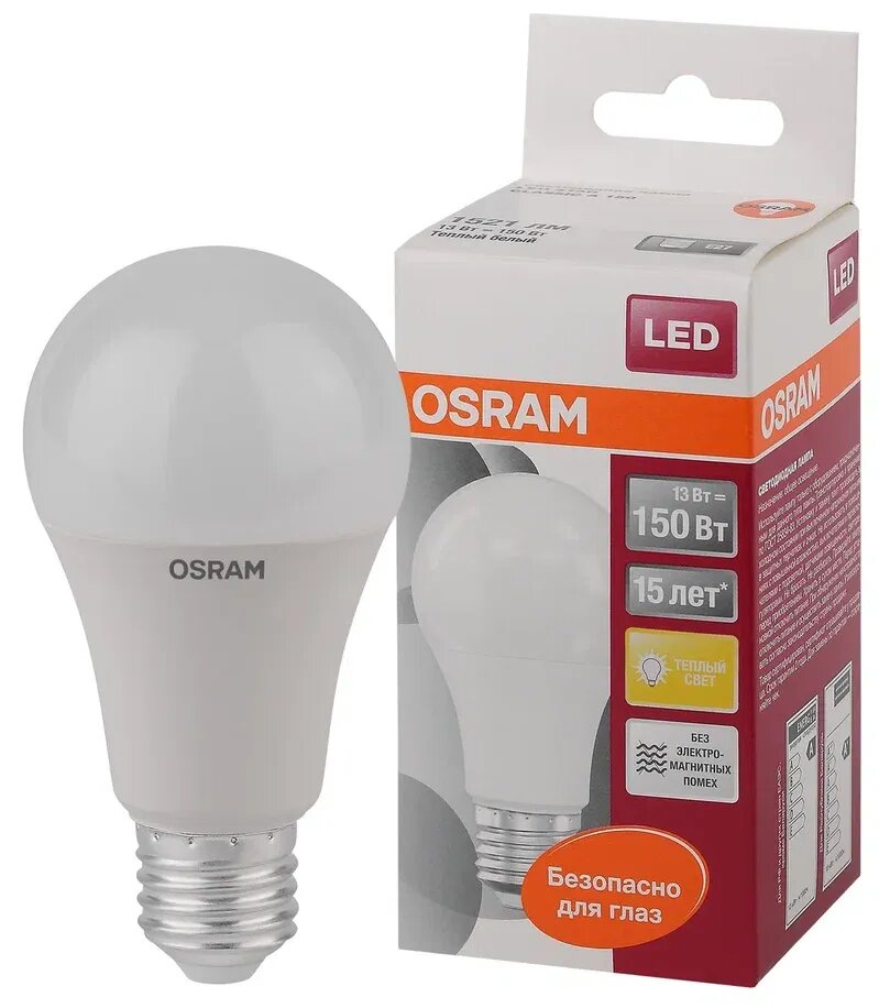 Лампочка светодиодная OSRAM Груша A E27 13Вт 220В 1521Лм 2700К Теплый белый упаковка 1шт