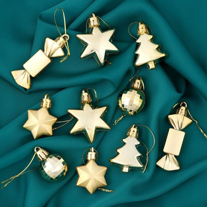 Набор украшений Зимнее волшебство "Сюрприз", 4 звезды, 2 конфеты, 2 елки, 2 шара 4 см, золотистые, пластик, 10 шт