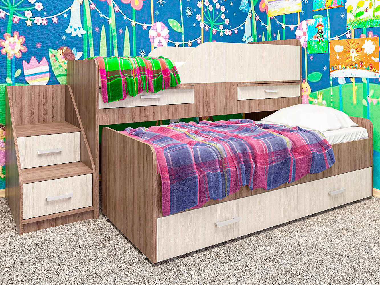 фото Кровать Лёсики двухместная Ясень шимо темный/ясень шимо светлый