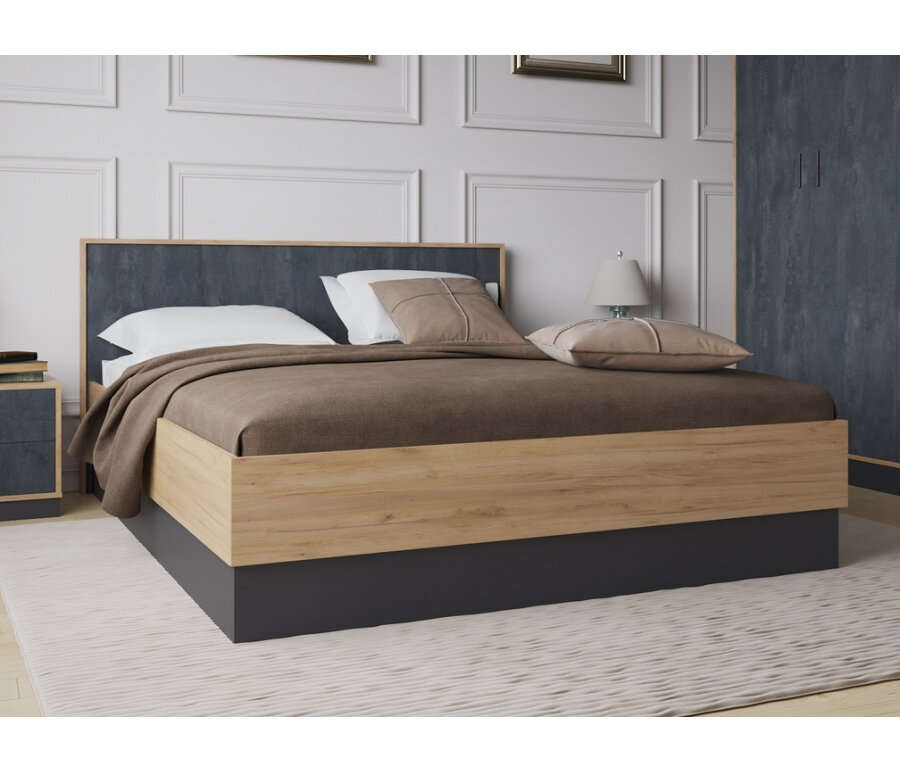 фото Двуспальная кровать Woodville Леви 160х200 дуб крафт золотой / серый / бетонный камень