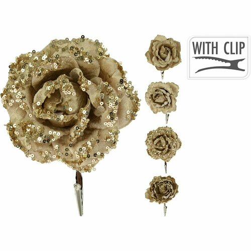 Цветок декоративный Роза на клипсе d11 см золото