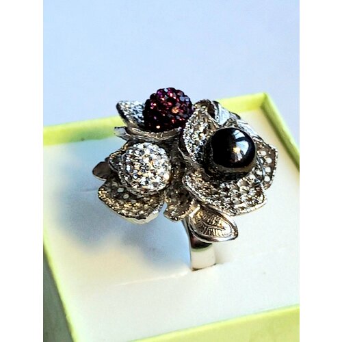 Кольцо, кристаллы Swarovski, гематит, бесцветный, фиолетовый