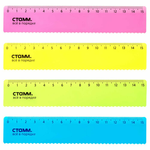 Линейка 15см СТАММ, пластиковая, с волнистым краем, прозрачная, неоновые цвета, ассорти, европодвес, (10шт.)