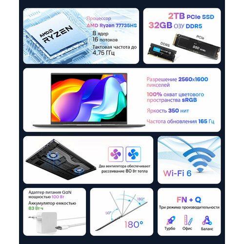 16 ноутбук Ninkear A16 AMD Ryzen 7 7735HS 32 ГГц RAM 32 ГБ SSD AMD Radeon 680M Windows Pro Серебро Российская клавиатура 7559000₽