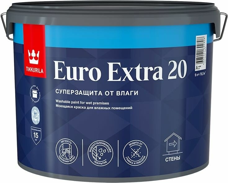 Краска интерьерная Tikkurila Euro Extra 20 полуматовая белая 9 л