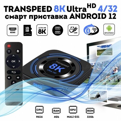 ТВ-приставка Transpeed 8k ultra hd 4/32 Гб Android 12, Wi-Fi, поддержка 8K видео, 4K