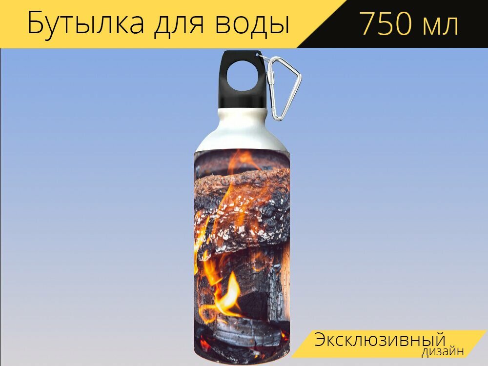 Бутылка фляга для воды "Отдых на природе пожар кострище" 750 мл. с карабином и принтом