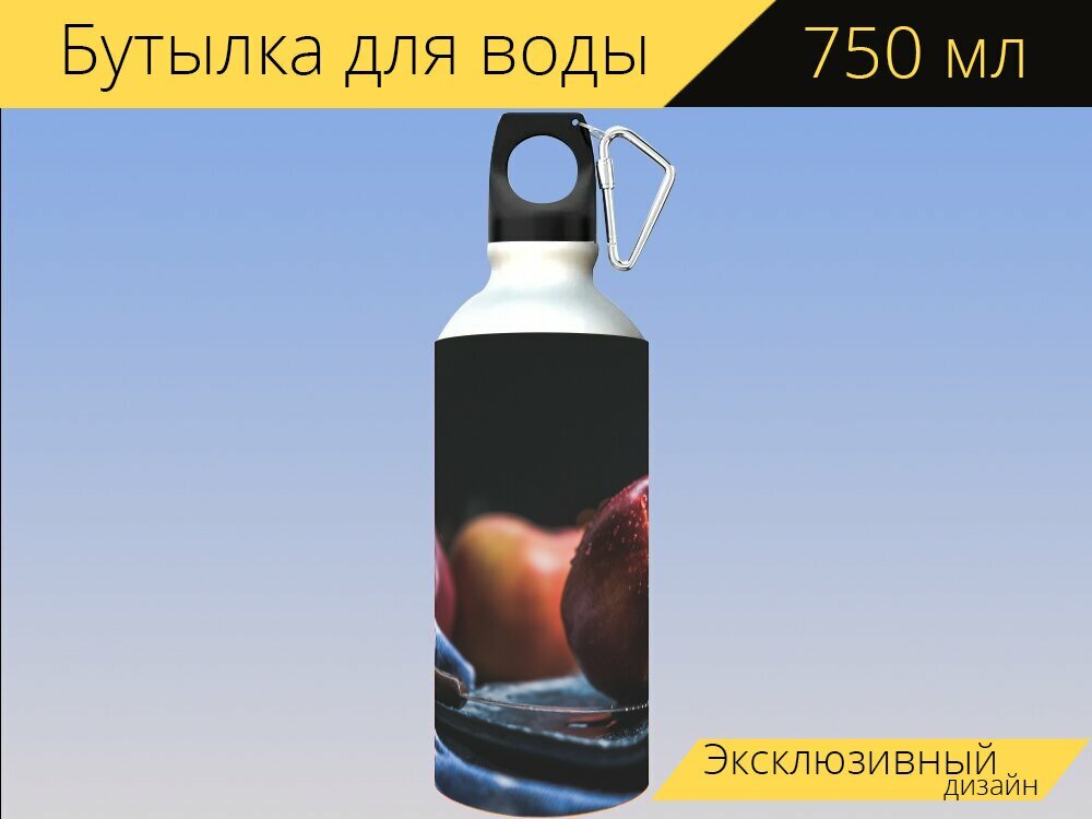 Бутылка фляга для воды "Яблоко, фрукты, еда" 750 мл. с карабином и принтом