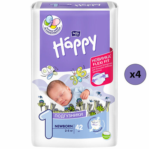 Bella Baby Happy Подгузники Newborn 1, 2-5 кг, 42 шт. (4 упаковки)