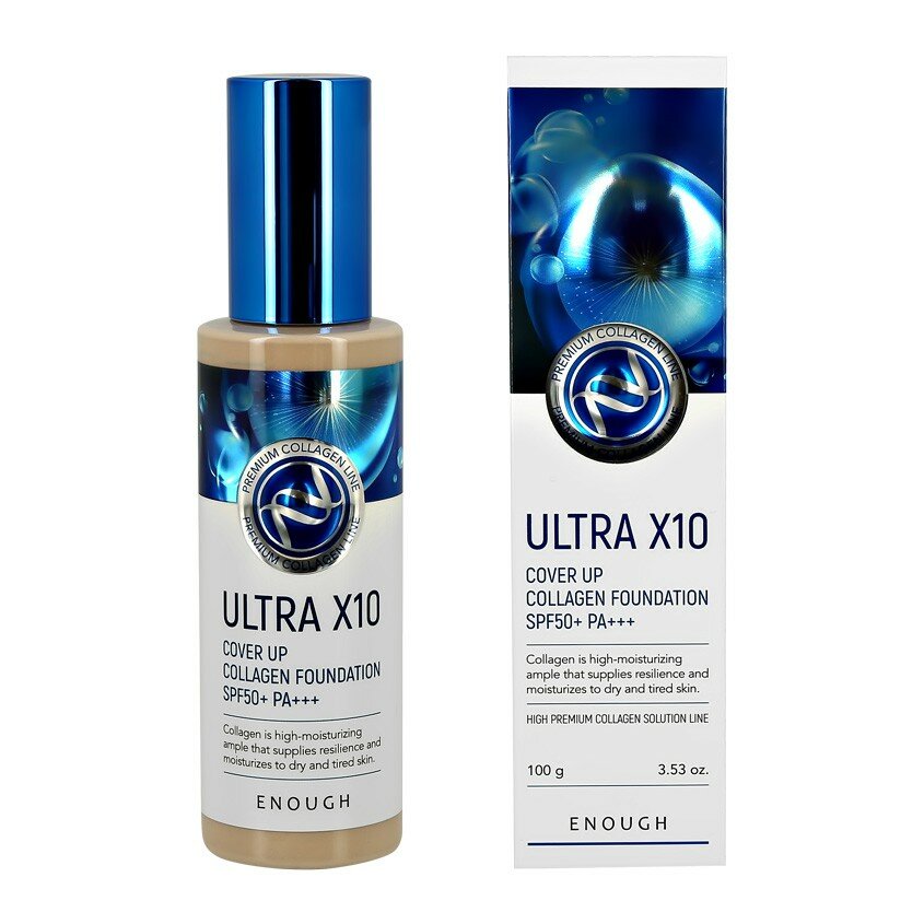Основа тональная для лица `ENOUGH` Premium UltraX10 Cover Up Collagen SPF50+, тон 21