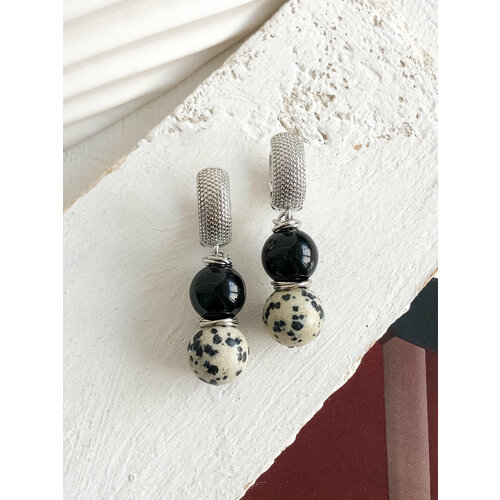 Серьги с подвесками ELENA MINAKOVA Jewelry Design, яшма, оникс, размер 37 мм, бежевый, черный