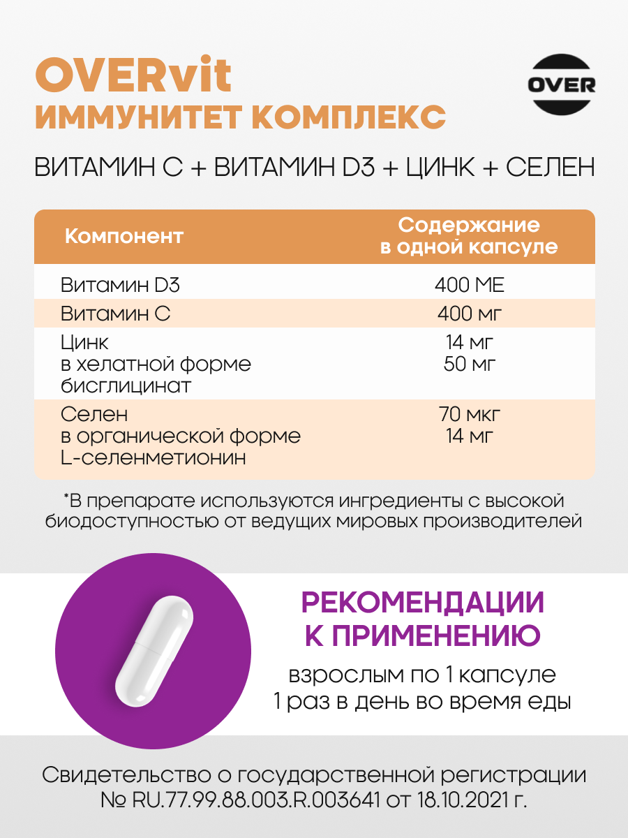Изображение Для иммунитета, витамин D3, витамин C, цинк хелат, селен, 20 капсул