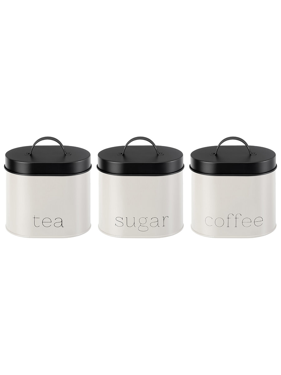 Набор 3 банок для сыпучих продуктов/ чая, кофе, сахара 1,5 л Elan Gallery "Tea, coffee, sugar" с крышками, с ручками, овал
