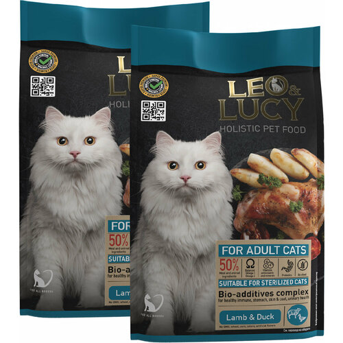 LEO&LUCY HOLISTIC для взрослых кастрированных котов и стерилизованных кошек с ягненком, уткой и биодобавками (0,4 + 0,4 кг) sirius для взрослых кастрированных котов и стерилизованных кошек с уткой и клюквой 1 5 кг х 6 шт