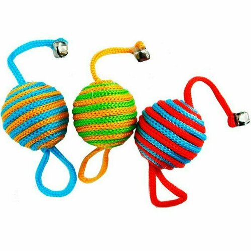 Игрушка для кошек, Туба Мяч с колокольчиком, полосатый, нейлон, шнур 4,5 см, 20 шт, УЮТ, 1 набор