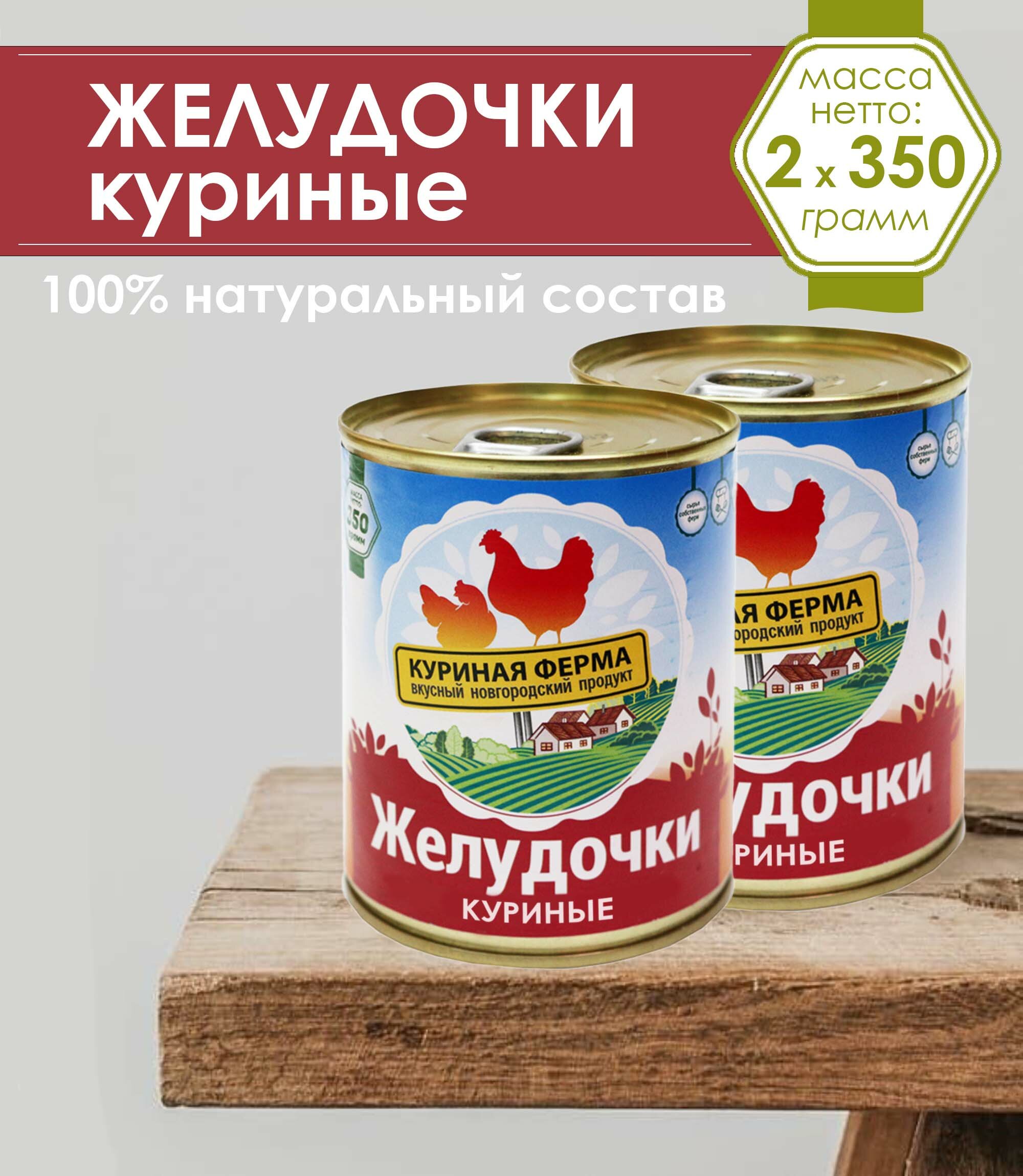 Желудочки куриные "Куриная ферма", 2 уп. по 350 г / консервы из субпродуктов цыплят-бройлеров в собственном соку стерилизованные