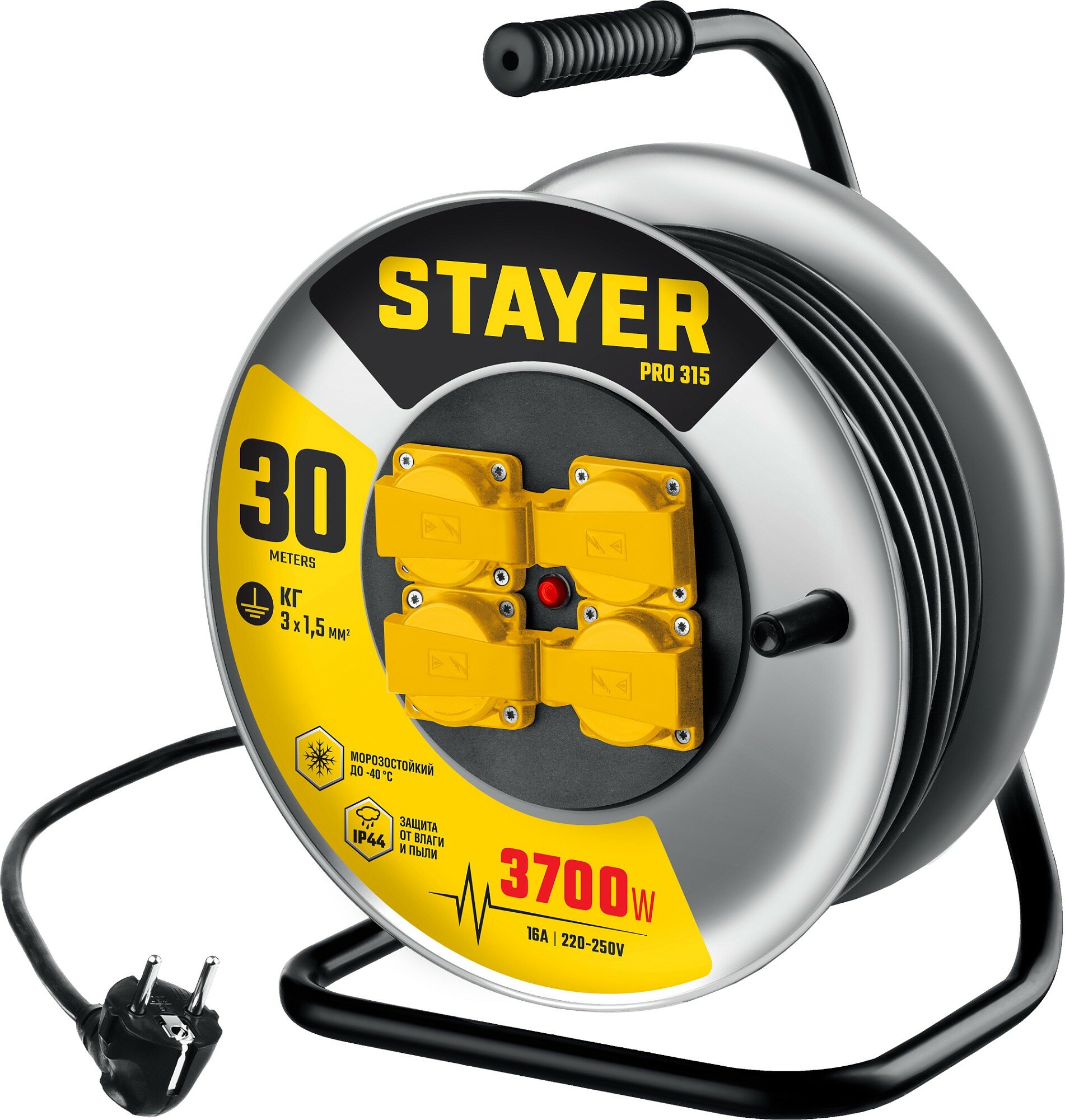 STAYER PRO 315 КГ 3х1.5 30м 3700Вт IP44, Силовой удлинитель на стальной катушке (55077-30)