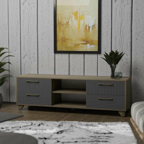 Тумба с нишей под ТВ Копенгаген ЛДСП Дуб Самдал / МДФ Серый графит