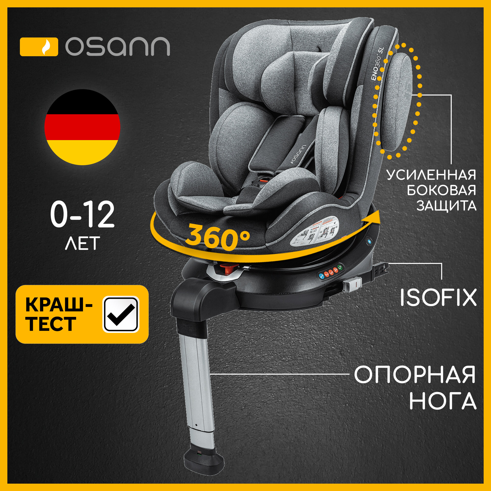 Детское автокресло Osann Eno360 SL Universe Grey от 0 до 36 кг, группа 0+/1/2/3, до 12 лет