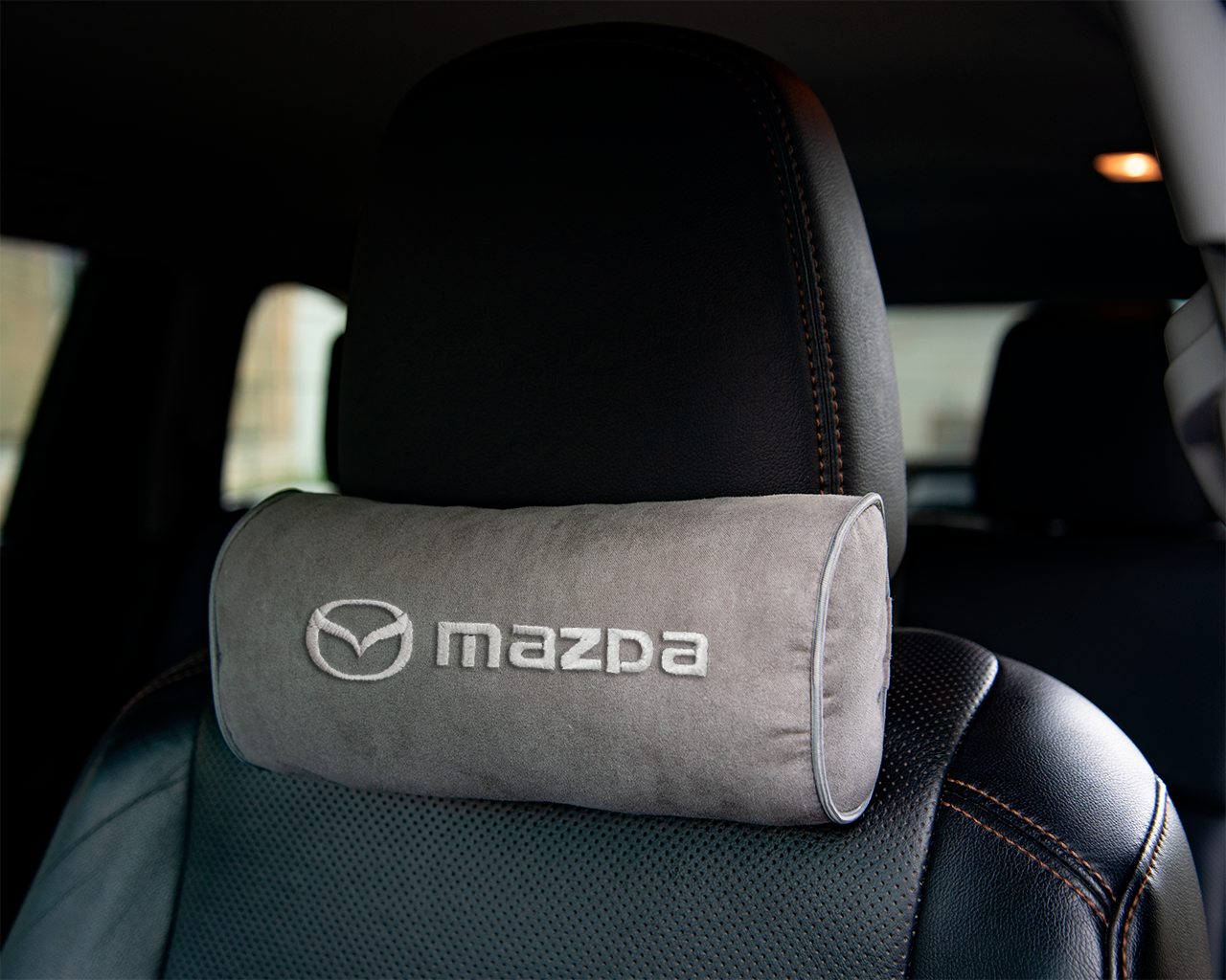 Автомобильная подушка-валик на подголовник алькантара L.Grey c вышивкой MAZDA