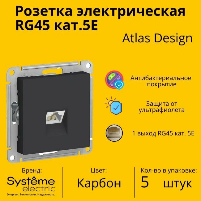 Розетка одноместная компьютерная электрическая Systeme Electric Atlas Design RJ45 кат.5E, Карбон ATN001083 - 5 шт.