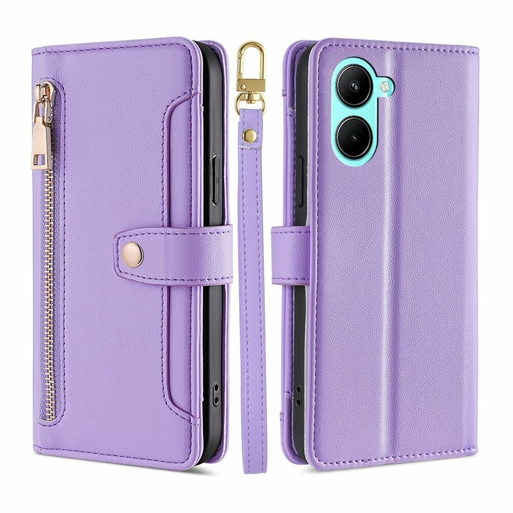 Чехол-книжка MyPads для
 Realme C33 2022 / C33 2023 4G / Реалми C33 2023 несколько карманов для карт, со 2 шнурком (Длинный +короткий), фиолетовый — фото 1