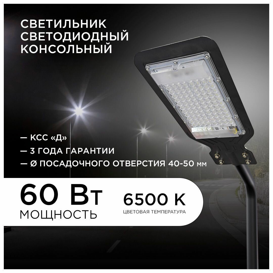 фото Светодиодный консольный светильник Apeyron 29-08, 60Вт, 230В, 4800лм, 6500К, IP65, КСС "Д", 400х170х45мм, Ф40