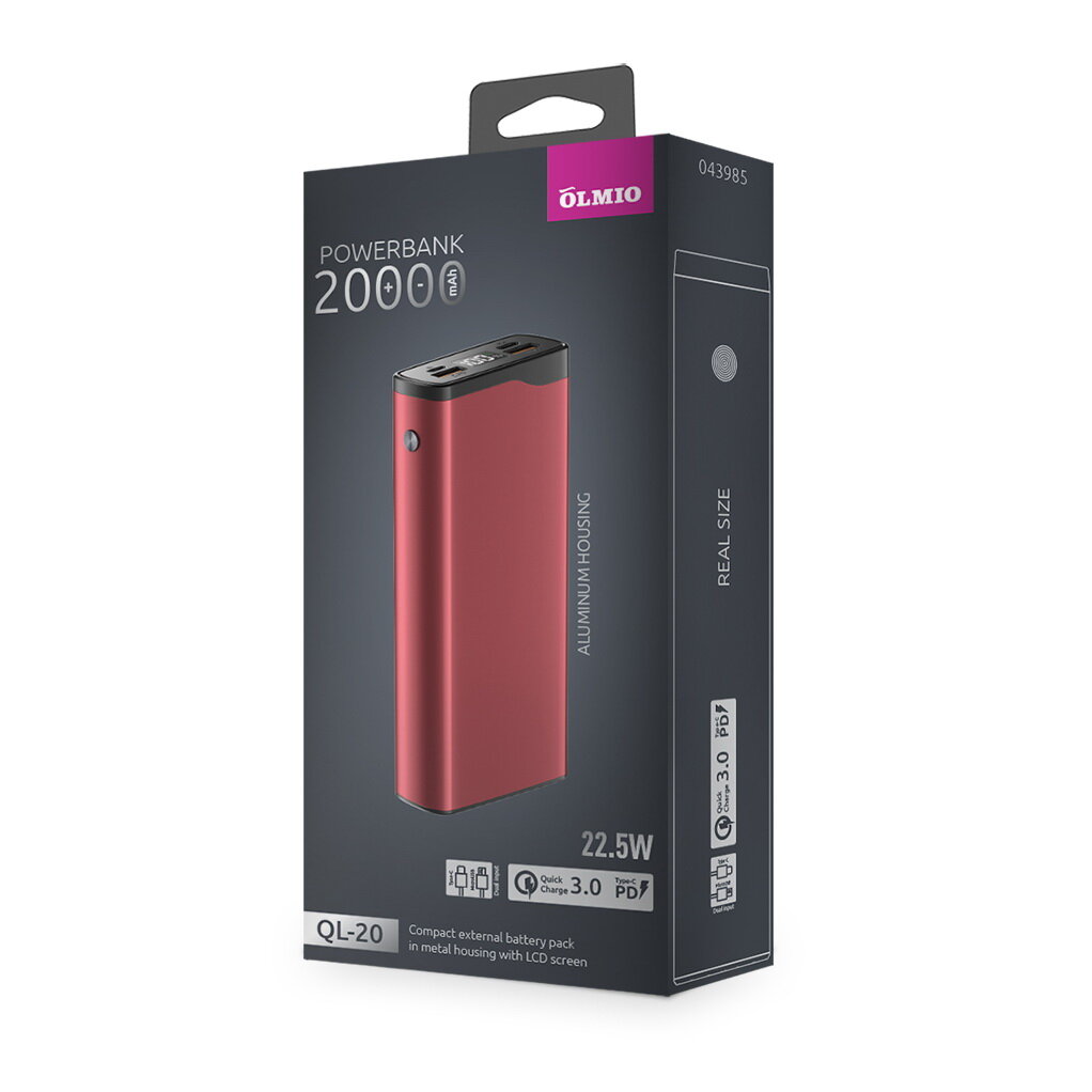 Портативное зарядное устройство Olmio QL-20 20000mAh, 22,5W, QC 3.0, PowerDelivery, LCD, красный