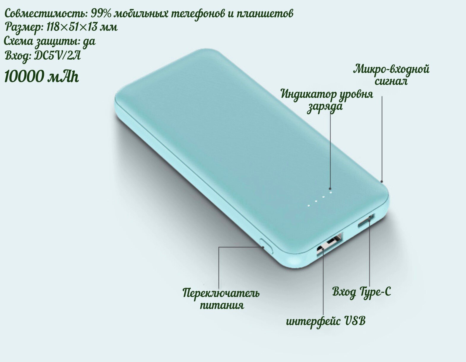 Портативный внешний аккумулятор Power Bank MyPads M-Y36 на 10000 мАч мятный бирюзовый цвет- полимерная батарея оригинальный и нужный подарок на Д.