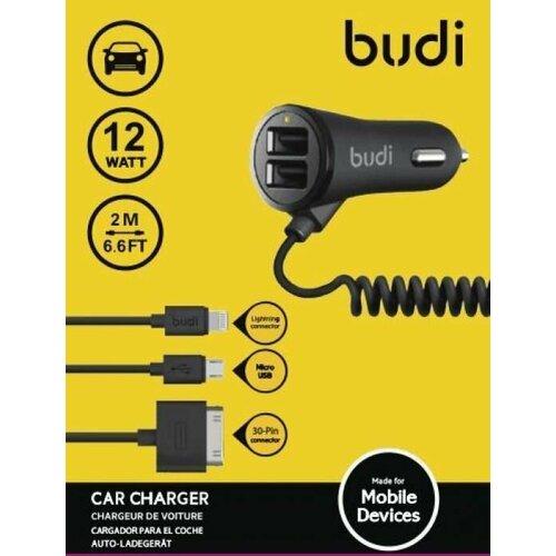 Автомобильное зарядное устройство Budi Car Carger 2 USB with 30 pin / Micro USB / Lightning Cable 2м usb cable power cord 18awg 10a copper wire with fuse car cigarette lighter installation cable 1m 3 3ft car charger